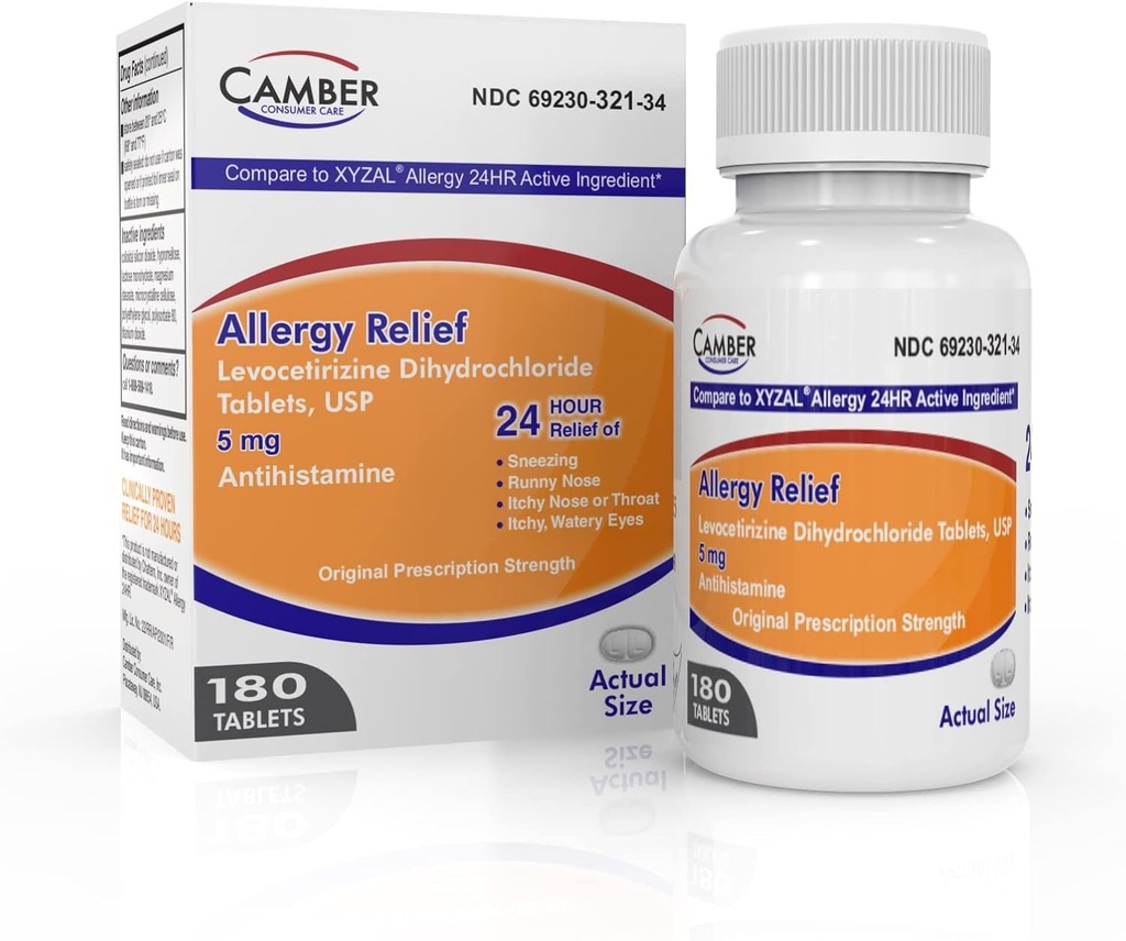 Camber Consumer Care Levocetirizine Dihydrochloride 5mg Antihistamin tabletter, allergi lättnad medicin (180 greve)