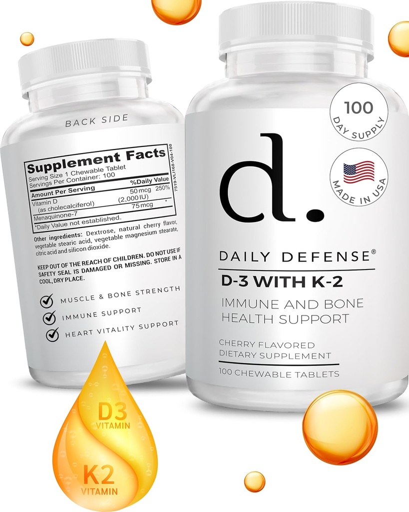 Immunförsvar kompletterar vitamin D3 K2 2000IU för hjärthälsa, daglig immunstöd, mental klarhet och muskelfunktion - 100 tuggbara tabletter