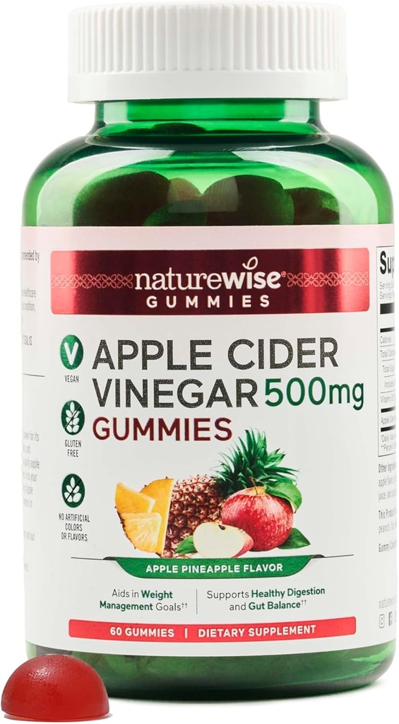 NatureWise Apple Cider Vinegar Gummies - 1000mg ACV per 2 + Vitamin B12 - Pectin Based Vegan, Gluten-Free, Non-GMO - 60 Count[30-Day Supply för 1000mg eller 2-månaders leverans för 500mg]