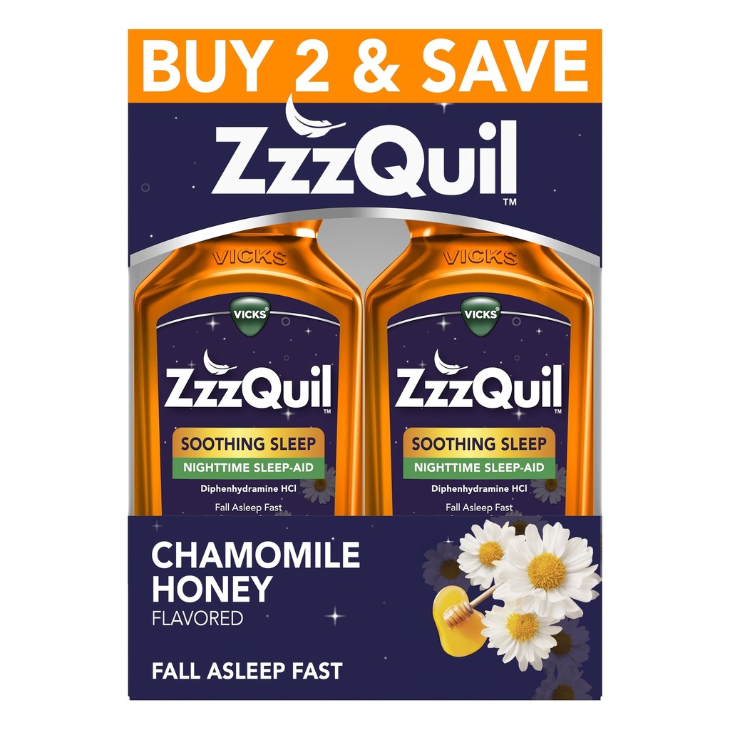 ZzzQuil Liquid Sleep Aid, Soothing Sleep, Diphenhydramine 50mg HCl, Chamomile Honey smaksatt, Nighttime Sleep Aid Liquid, Sleep Aids för vuxna, 2 Pack, 24 FL OZ