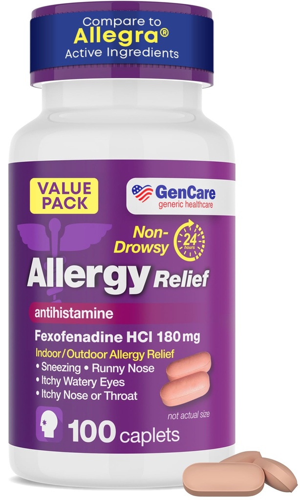 GenCare Allergy Relief Pills - Fexofenadine 180mg 24 Hour Non-Drowsy Allergy Medicine Antihistamine, Jämför med Allegra 24 Hour Non Drowsy Pills för Itchy Eyes, Runny Nose, Hives (100 Count)