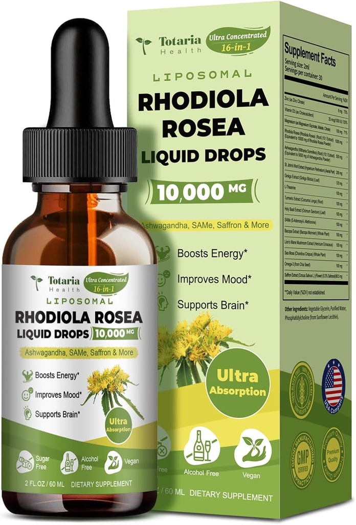 Totaria Liposomal Rhodiola Rosea Tincture 16 in 1, w/Ashwagandha, L-Theanine, Saffron, Ultra Strength Cortisol Supplement with Rhodiola Rosea, Magnesium