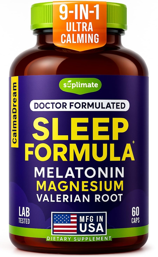9-i-1 Melatonin Sleep Aid för vuxna - USA Made, Lab Testad med Melatonin 5mg och 108mg Magnesium för sömn - TRAACS, Ashwagandha, Valerian Root, GABA, 5HTP, Herbal Sleep Supplement, Vegan, 60 Caps