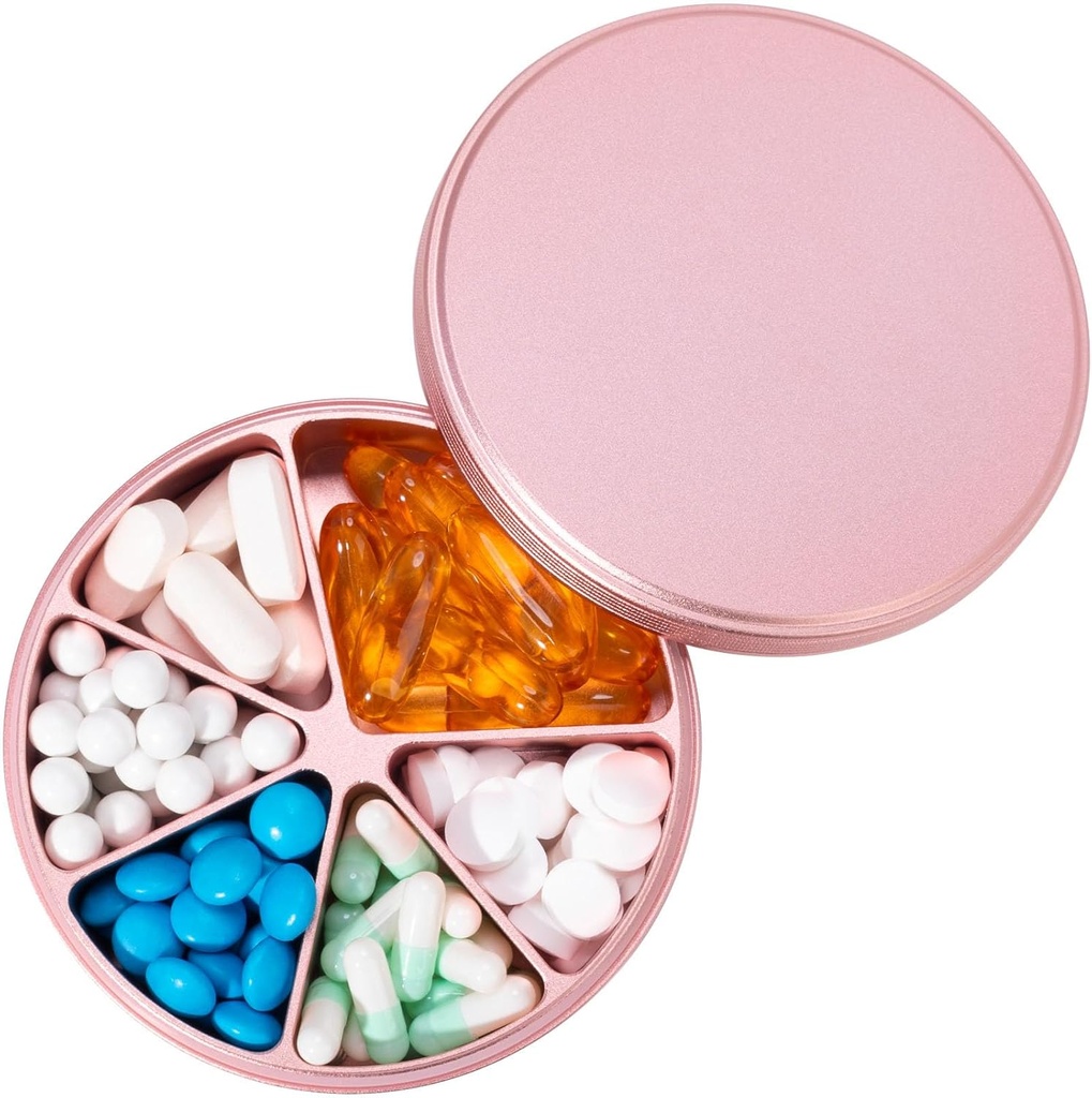Pill Organizer 6 Compartments Pill Dispenser - Heavy Duty Metal Daily Pill Container, Daily Pill Box Pill Holder, Waterproof Medication Case för vitamin Supplement Medicine Fish Oils, 0.38lb, Pink