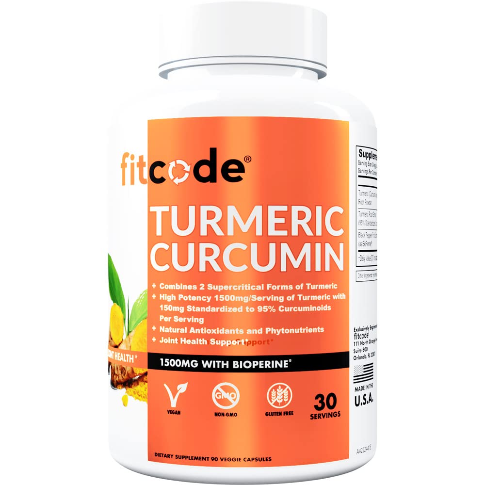 fitcode Turmeric Curcumin with 95% Curcuminoids, Highest Potency, Non-GMO, Gluten Free, 1500mg of Ultra-Pure Turmeric Curcumin with BioPerine for Enhanced Absorption, 30 Serving Veggie Capsules