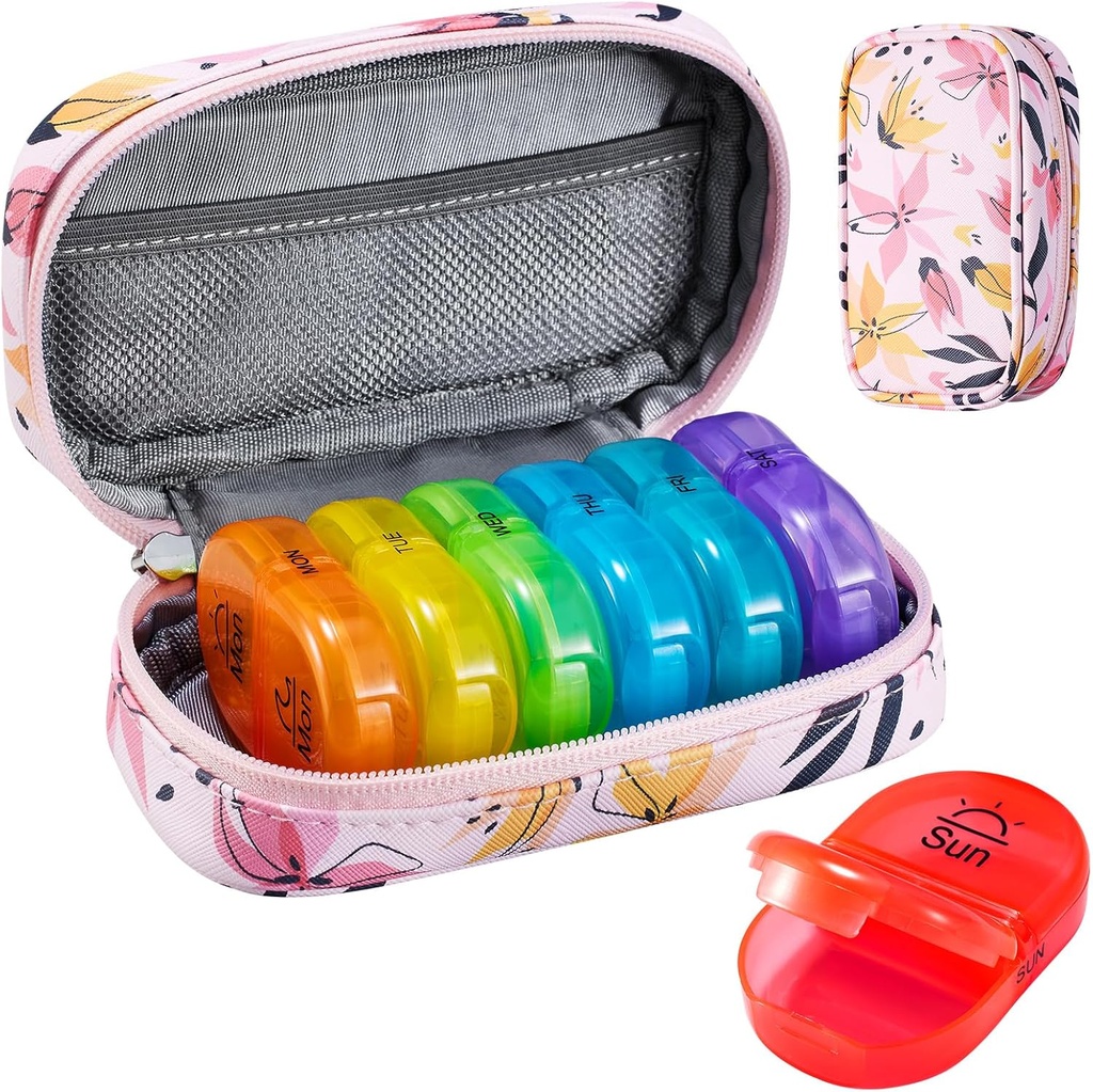 Serfeymi Weekly Travel Pill Organizer 2 Times A Day AM PM Uppgraderad Rainbow Pill Box 7 Dag med Portable Zipper PU Leather Pill Case, Medicine Organizer för piller, vitaminer, fiskoljor - Rosa 03
