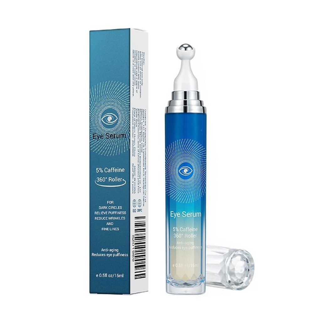 5% Caffeine Eye Serum, Anti-Aging Under Eye Roller Cream för mörka Circles Puffiness Wrinkles och Fine Lines, Korean EyeCare Cream med 360°Massage Ball, EyeBags Behandling för män och kvinnor