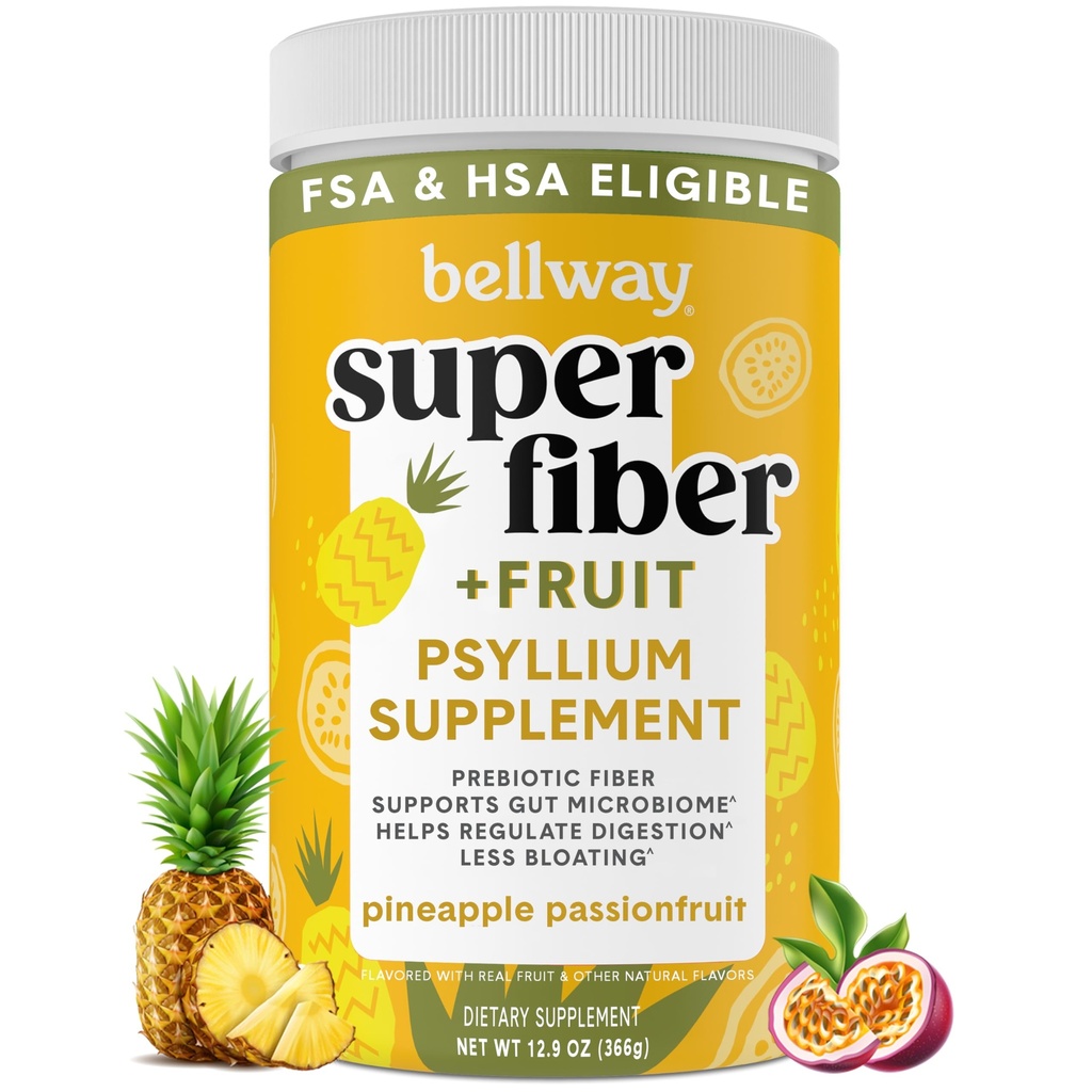 Bellway Super Fiber Powder + Fruit, Sugar Free Organic Psyllium Husk Powder Fiber Supplement for Regularity, Bloating Relief & Digestive Health, Plant-Based, Pineapple Passion Fruit (50 Servings)