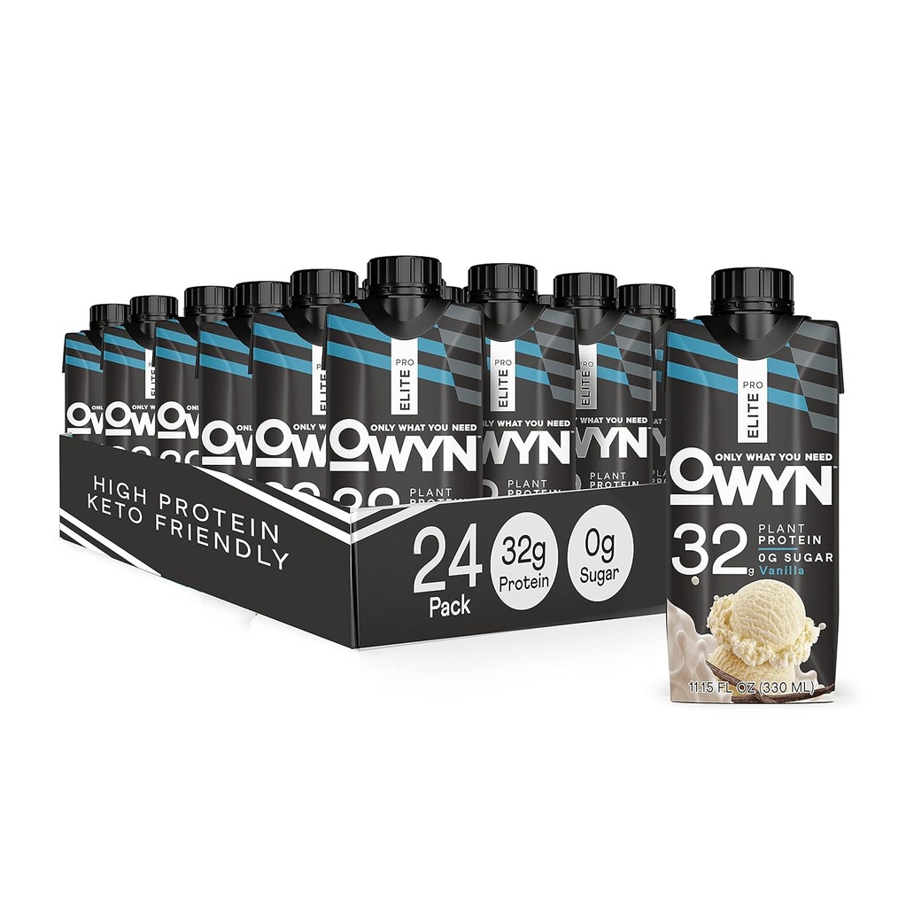 OWYN Pro Elite Vegan Plant-Based High Protein Shake, Vanilla, 24-Pack, 32g Plant Protein, Prebiotika, Superfoods Greens för träning och återhämtning, 0g Net Carbs, Zero Sugar, Keto (24 Pack)