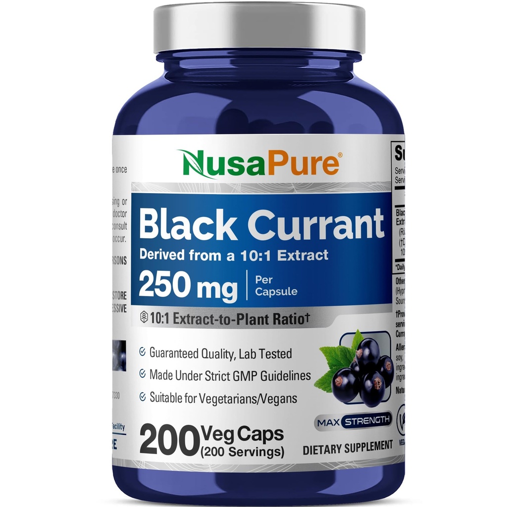 NusaPure Black Currant 10:1 Extract, 250 mg Equivalent till 2500 mg, per Veg Caps 200 Vegan, icke-GMO