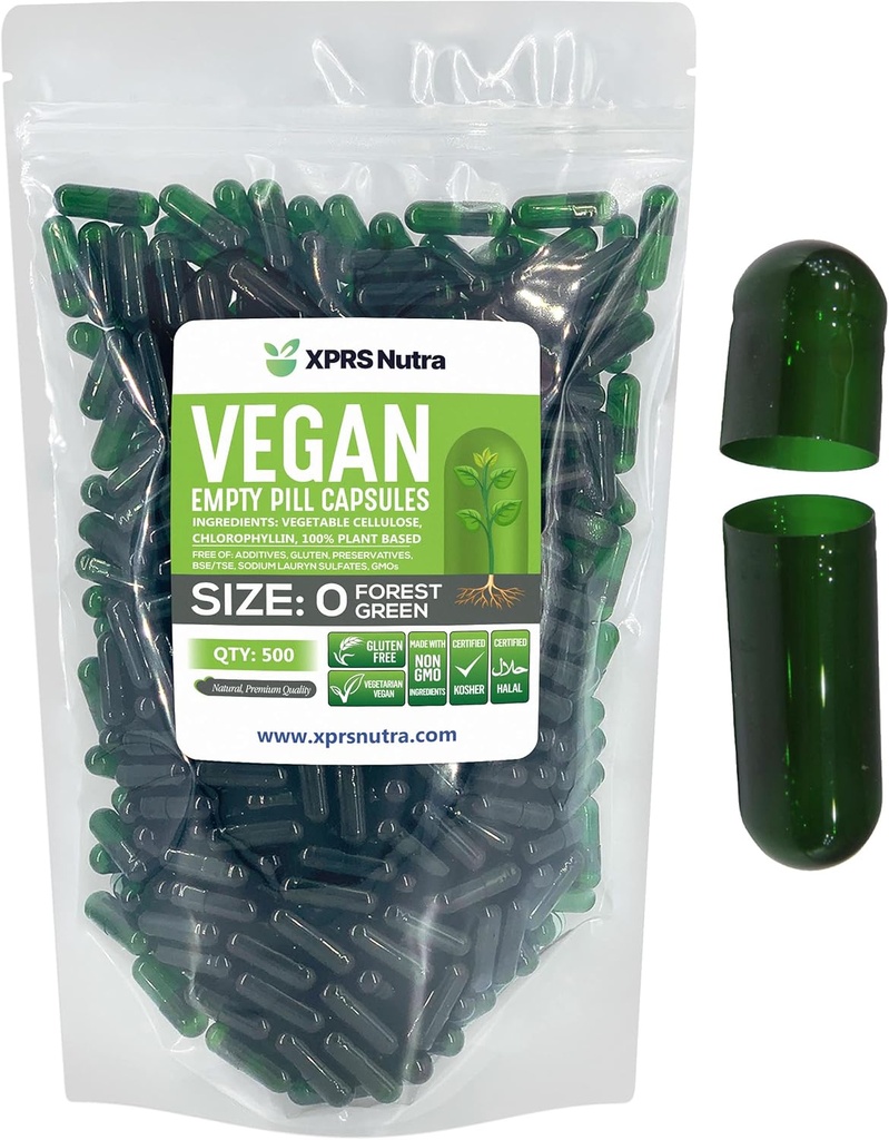 XPRS Nutra Size 0 Tomma kapslar - 500 greve tomma Vegankapslar - Vegetariska piller - DIY Vegetabilisk kapselfyllning - Veggie Pill Caps for Do-It-Yourself Supplements (Forest Green)