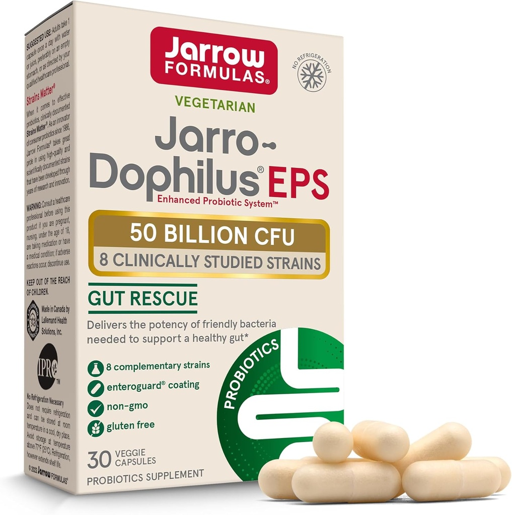 Jarrow Formulas Jarro-Dophilus EPS - 50 miljarder organismer per portion - 30 Enteric Coated Veggie Caps - Multi-Strain Probiotic - Intestinal & Immune Health - Upp till 30 portioner