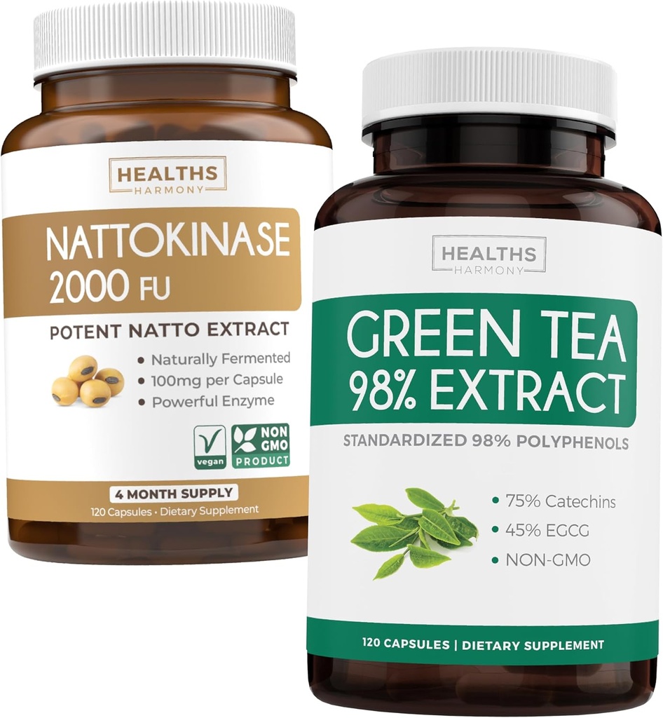 Nattokinase & Green Tea (2-månaders leverans) Green Vitality Boost - Nattokinase 2000 FU Kraftfull naturligt jästa sojabönor -120 Caps & Green Tea Extract 98% med EGCG (Non-GMO) Natural Metabolism Boost
