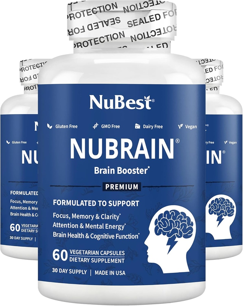 NuBrain - Avancerad hjärnbooster - Förbättra minnet, fokus och klarhet med vitamin B6, Ginkgo Biloba, Bacopa Monnieri & More - Brain Supplement för män och kvinnor - 3 Pack | 3 månaders leverans