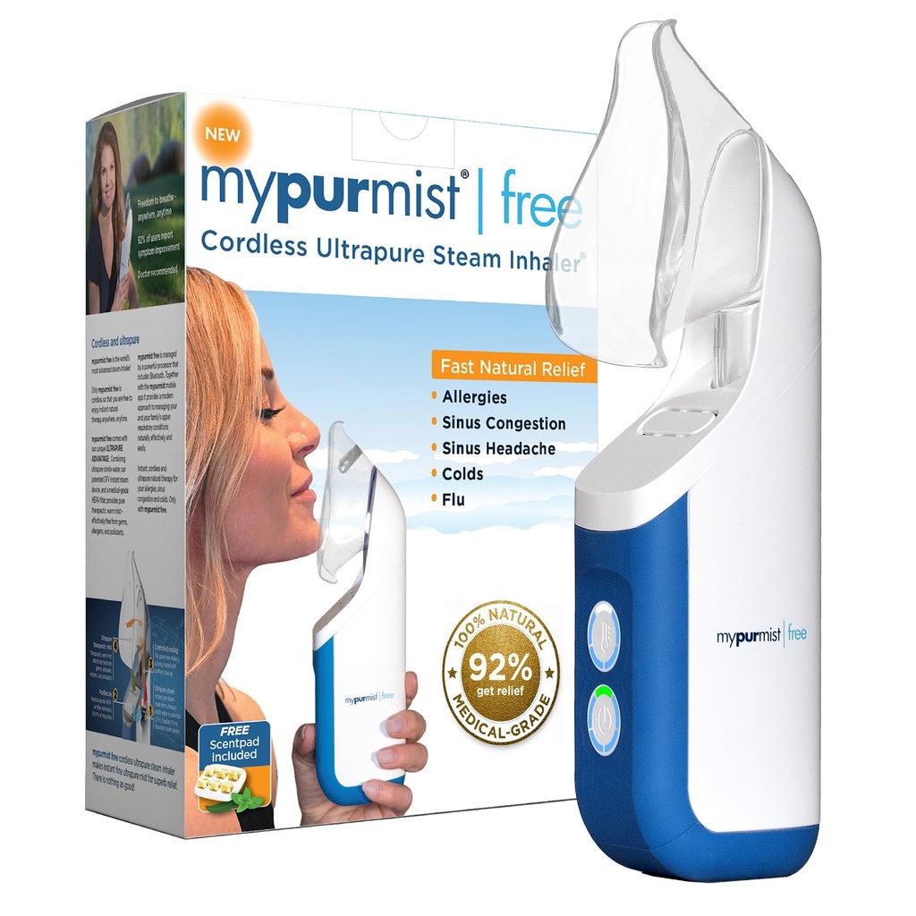 Mypurmist Free Ultrapure Cordless Steam Inhaler - Handheld Personal & Battery-Powered Steamer, Vaporizer & Humidifier for Sinus Relief, Nasal Congestion, Cold & Cough, Vocal Care