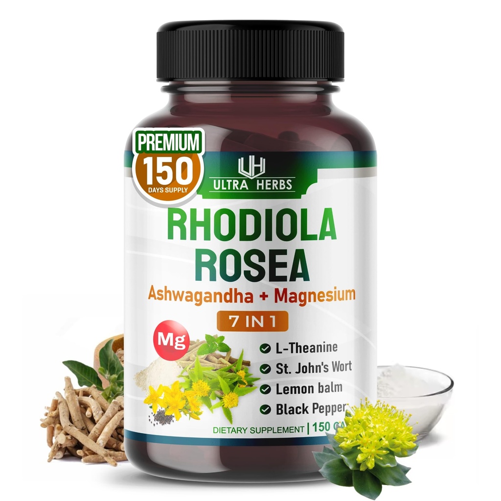 Rhodiola Rosea Supplement Berikad med Ashwagandha, Magnesium, L-Theanine, St John's Wort, Lemon Balm - Support Mood, Sleeps Quality och Mental Focus | 150 kapslar