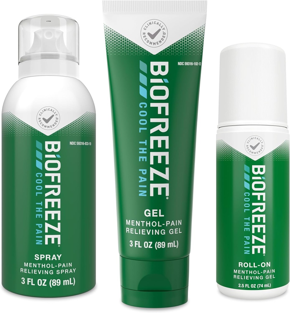 Biofreeze Smärta Relief Roll-On 2.5 FL OZ, Gel 3 FL OZ, och Spray 3 FL OZ Variety Pack Topical Pain Reliever för muskler och gemensamma från artrit, Backache, Strains, Bruises, Sprains (Package May Vary)