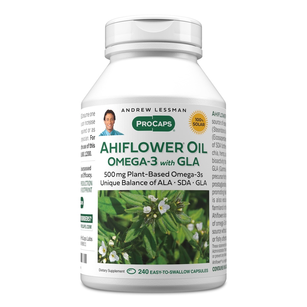 ANDREW LESSMAN Ahiflower Omega-3 med GLA - 240 Softgels - Uniquely Balanced, Plant-Based Source of Essential Omega-3 Fatty syror. Ingen mage upprörd, föroreningar eller kvicksilver. Lätt att svälja