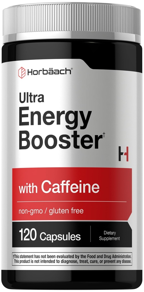 Horbäach Energy Supplement | 120 kapslar | med koffein, Ginseng & Vitamin B12 | Dagliga Energy Booster Pills | Non-GMO, Gluten Free