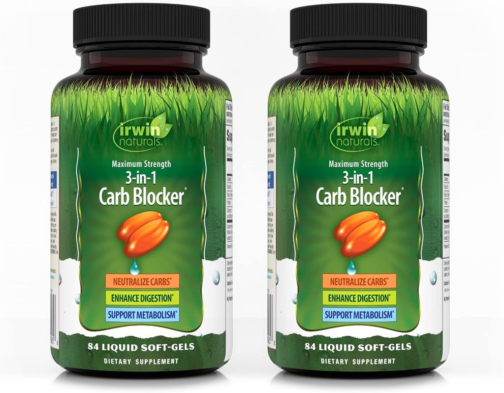 Irwin Naturals Maximal Styrka 3-i-1 Carb Blocker - 84 Liquid Soft-Gels, Pack of 2 - Neutralisera kolhydrater - 84 Totala portioner
