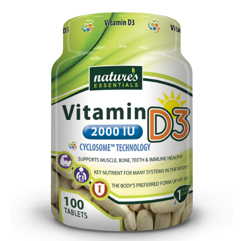 NATURE'S ESSENTIALS Vitamin D3 2000IU | Immune Support | Avancerad Cyclosome Liposomal Delivery | Non-GMO, Gluten Free, Vegetarian | 100 tabletter