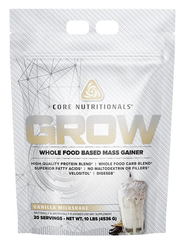 Core Nutritionals Grow Mass Gainer | Whole Food Carb Blend + Protein Blend | Maltodextrin Free | 880 Kalorier, 50g Protein | 10 Pound (Vanilla Milkshake)