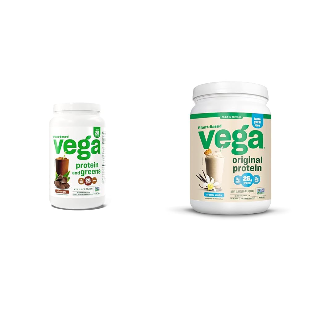 Vega Protein och Greens Protein Powder, Chocolate & Original Protein Powder, Creamy Vanilla Plant Based Protein Drink Mix för vatten, mjölk och smoothies, 32.5 oz