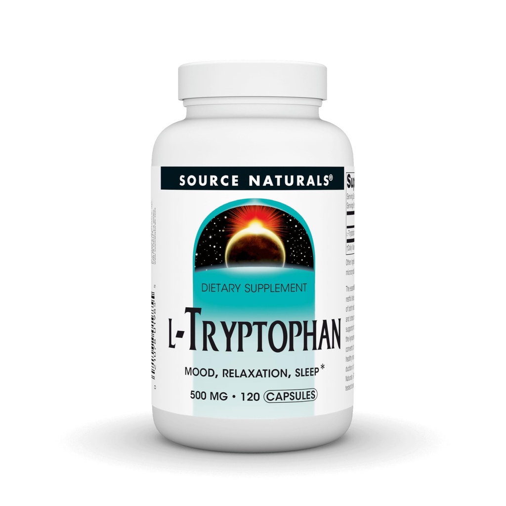 Källa Naturals L-Tryptophan, för humör, avkoppling och sömn *, 500 mg - 120 kapslar