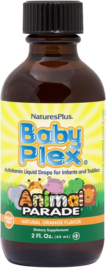 NaturesPlus Animal Parade Baby Plex, naturlig orange smak - 2 fl oz, paket med 2 - flytande multivitamin för spädbarn och småbarn - sockerfri, glutenfri - 120 totala portioner