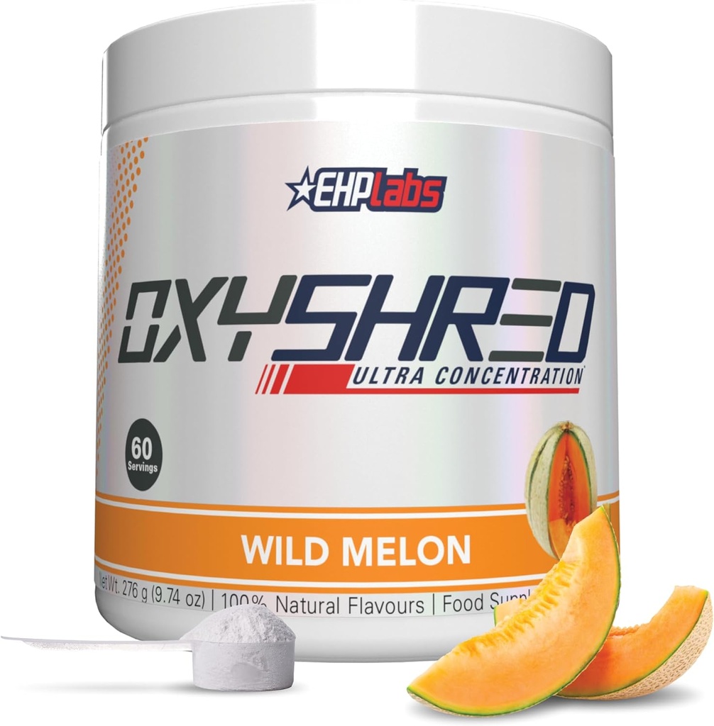 EHP Labs OxyShred Pre Workout Powder & Shredding Supplement - Preworkout Powder med L Glutamin & Acetyl L Carnitine, Energy Boost Drink - Wild Melon, 60 Servings