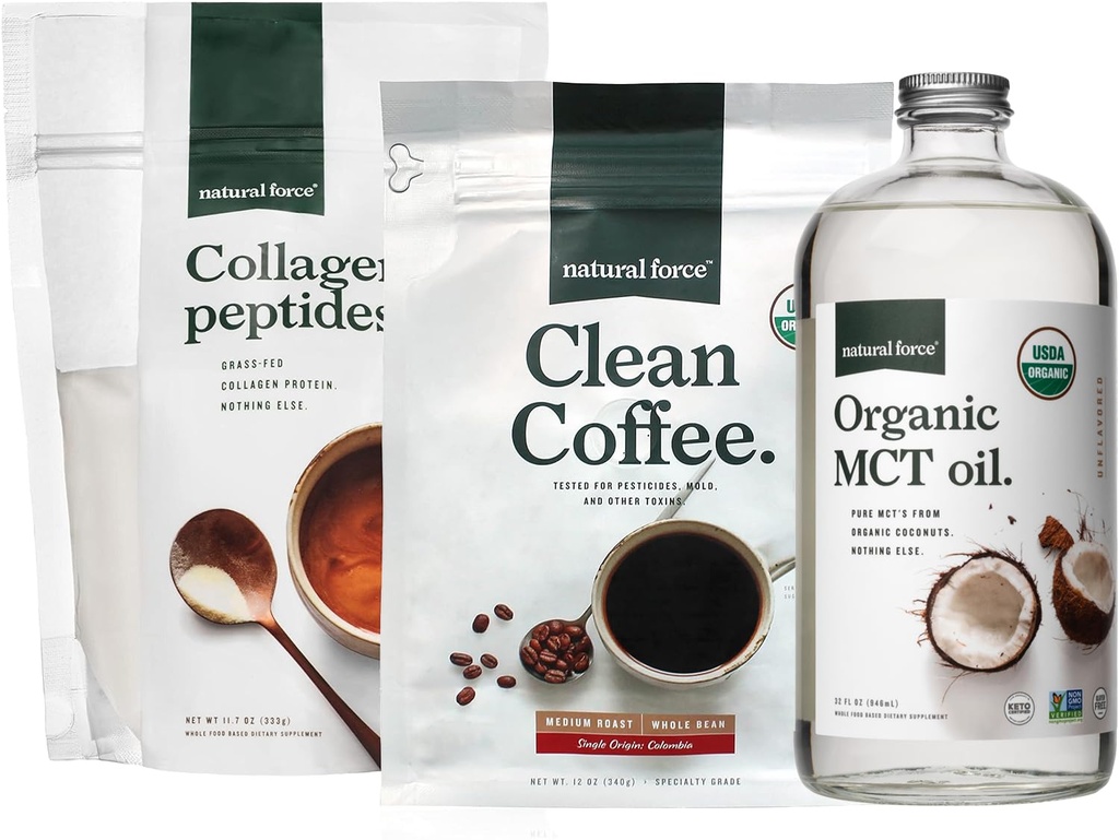 Natural Force Organic Clean Coffee + Collagen Peptides + Organic MCT Oil Bundle - Toxin Free Coffee, Grass Fed Collagen, & MCTs - Non-GMO, Keto, & Paleo - 12 Oz, 11,7 Oz, 32 Oz
