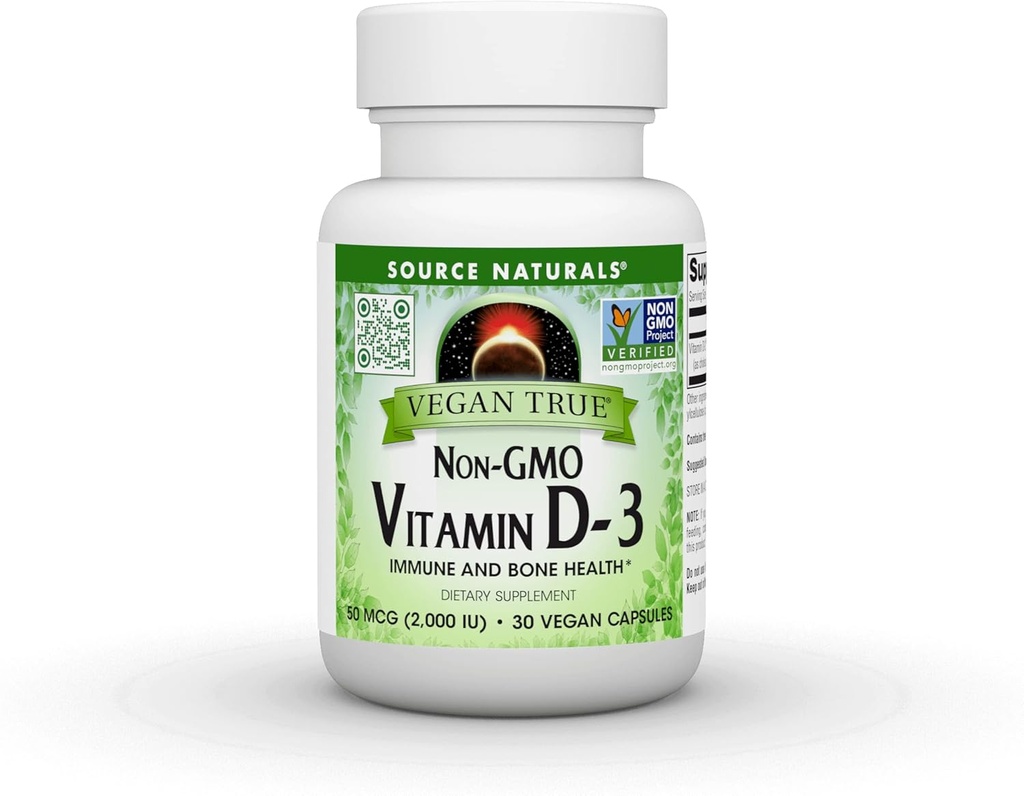 Källa Naturals Vegan True, Non-GMO Vitamin D-3, Kosttillskott för immun och benhälsa *, 2000 IE - 30 kapslar
