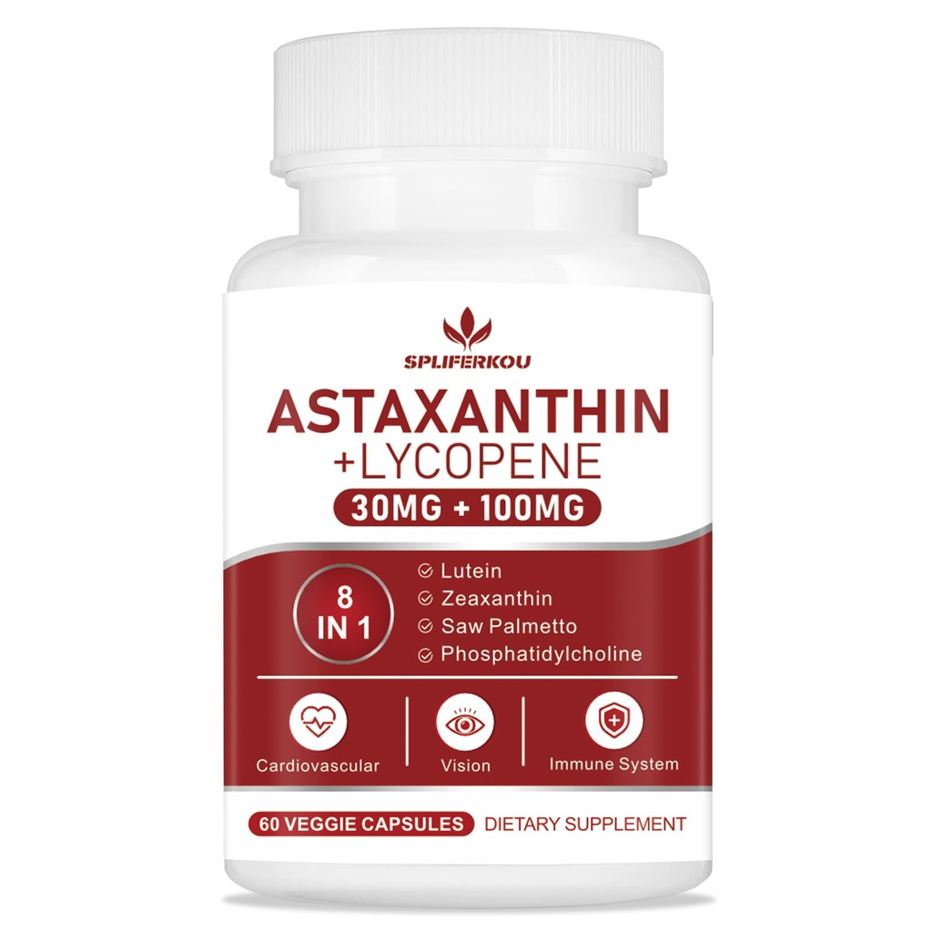 Astaxanthin och Lycopene 70mg, Astaxanthin Supplement med Phosphatidylcholine, Lutein och Zeaxanthin, kraftfulla antioxidanter Supplement Support för hud, ögon och gemensam hälsa (60 kapslar)