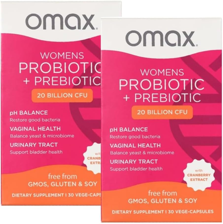 2 Pack Omax Prebiotics & Probiotics Complex för kvinnor, pH Balance, Vaginal Health, Urinary Tract, Yeast, UTI / BV Prevention, Bloating pH 20 miljarder CFU | Vegan, Organic, Gluten Free, 60 Vege-Capsules