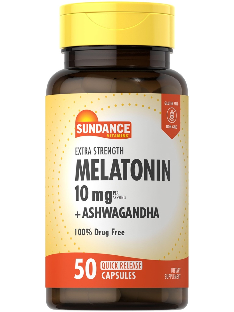 Sundance Melatonin 10mg med Ashwagandha | 50 kapslar | Extra styrka | Non-GMO & Gluten fri tillägg