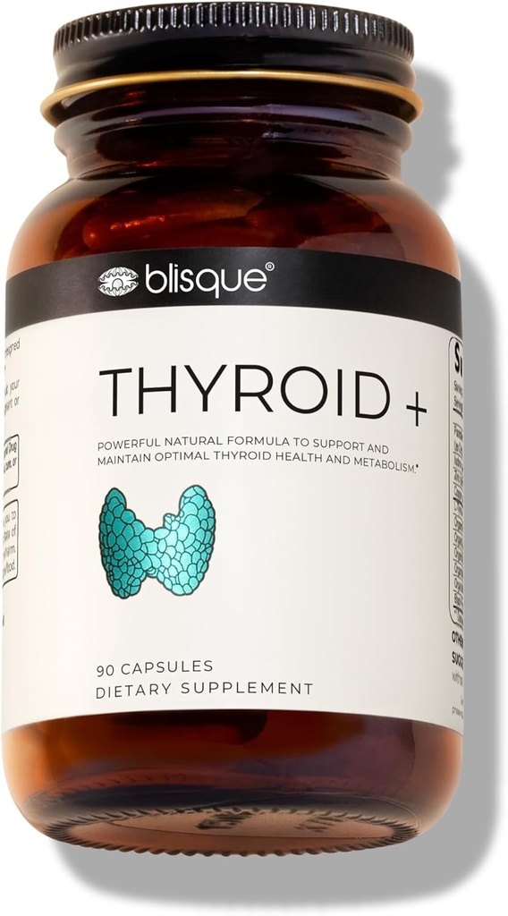 Blisque - Thyroid Support Supplement Complex för Metabolism Boost och ökad energi, klarhet och fokus | Doktor-godkänd | med jod, Ashwagandha, Zink, L-Tyrosine | 90 kapslar