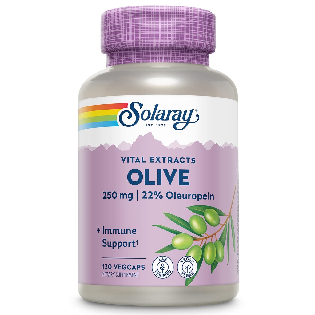 SOLARAY Oliv 250mg - Olivblad extrakt kapslar med 22% Oleuropein, Plus Lemon Balm - Polyfenoler Supplement för Wellness Support - Vegan, 60-dagars garanti, Lab Verified - 120 portioner, 120 VegCaps