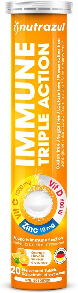 Nutrazul Immun Triple Action Effervescent Tablet -1000 mg Vitamin C, Vitamin D, Zink I Orange 20: s I Gluten Free, Sugar Free, Lactose Free & Preservative Free Jag behåller immunfunktion