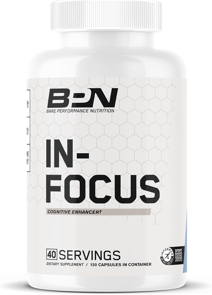 BARE PERFORMANCE NUTRITION BPN in-Focus Brain Supplement för minne och fokus koffeinpiller, 1g av L Tyrosine per servering + Alpha GPC, 40 portioner, Gluten Free + Vegan