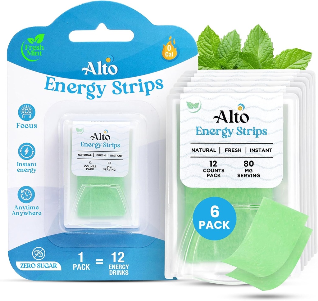 Alto Energy Strips med 80 mg naturligt koffein per portion - 10X Faster Absorption | 12 Deliciously Minty Strips ≈ 12 Energidrycker | Energi och Focus Boost Anytime, Anywhere - 6 Pack