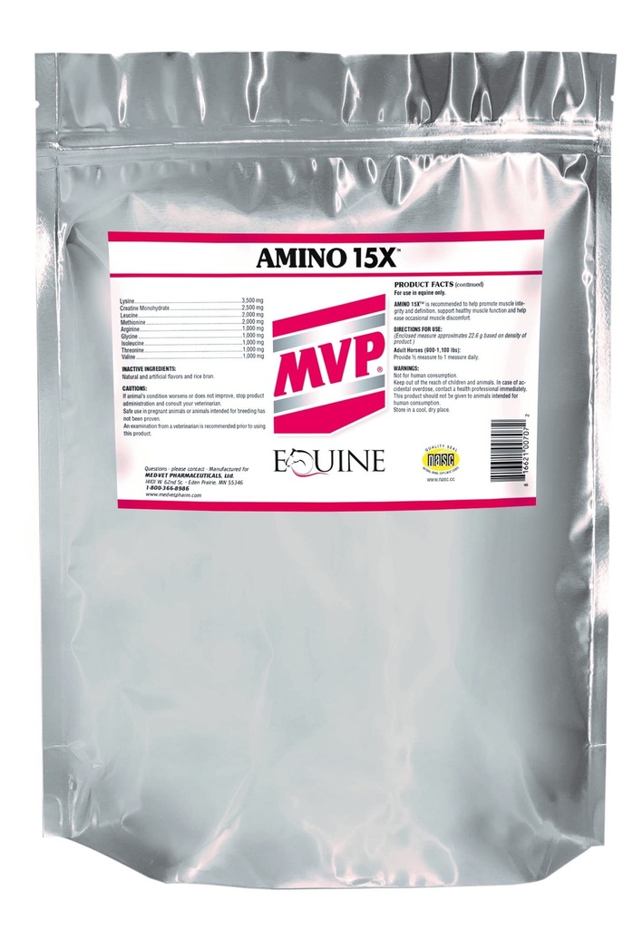 MVP Amino 15X (1,5lb) stöder hälsosam muskelfunktion, utveckling och återhämtning på hästar.