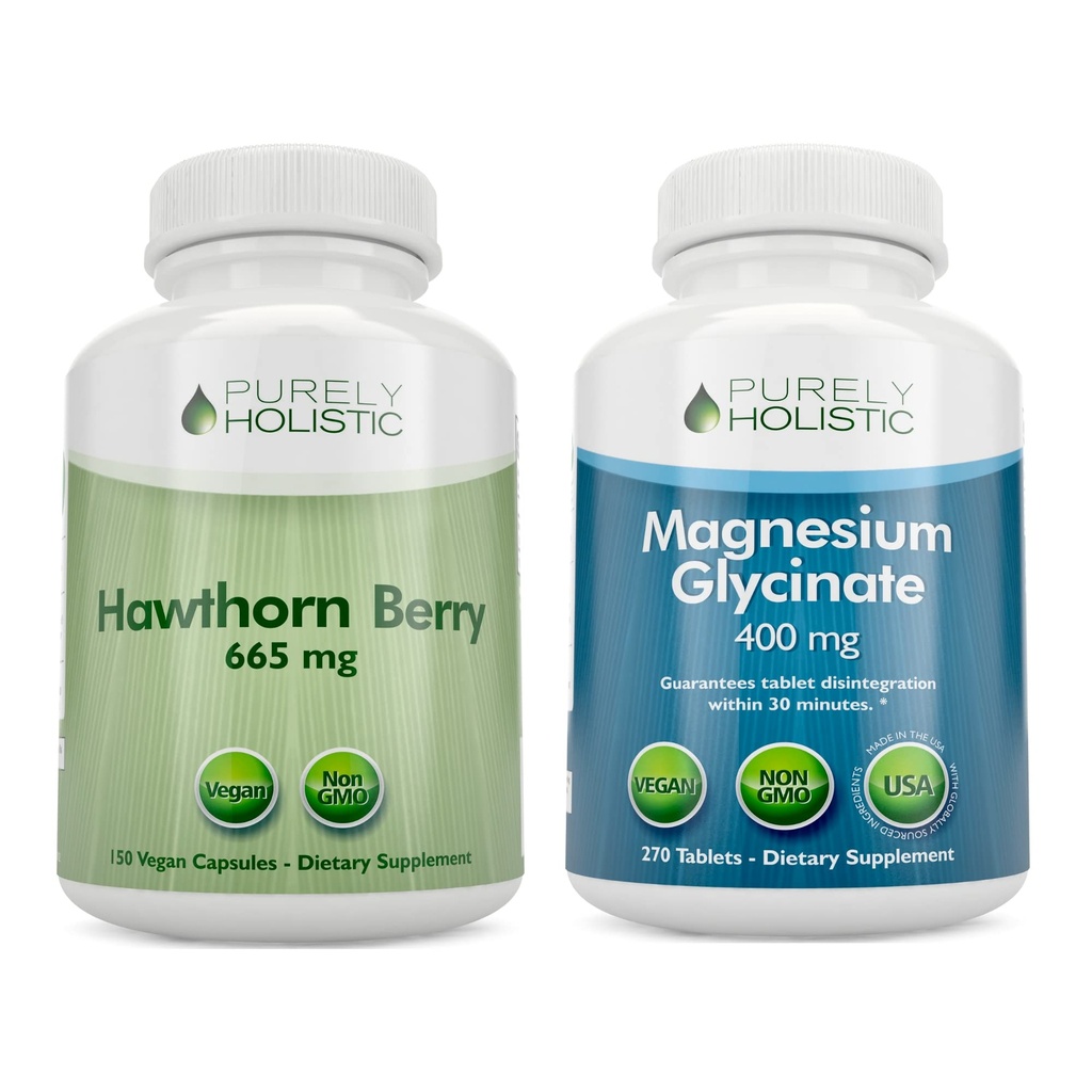 Rent Holistic Hawthorn Berry 665mg + Magnesium Glycinate 400mg + 150 kapslar & 270 tabletter - Vegan Bundle - Tillverkad i USA