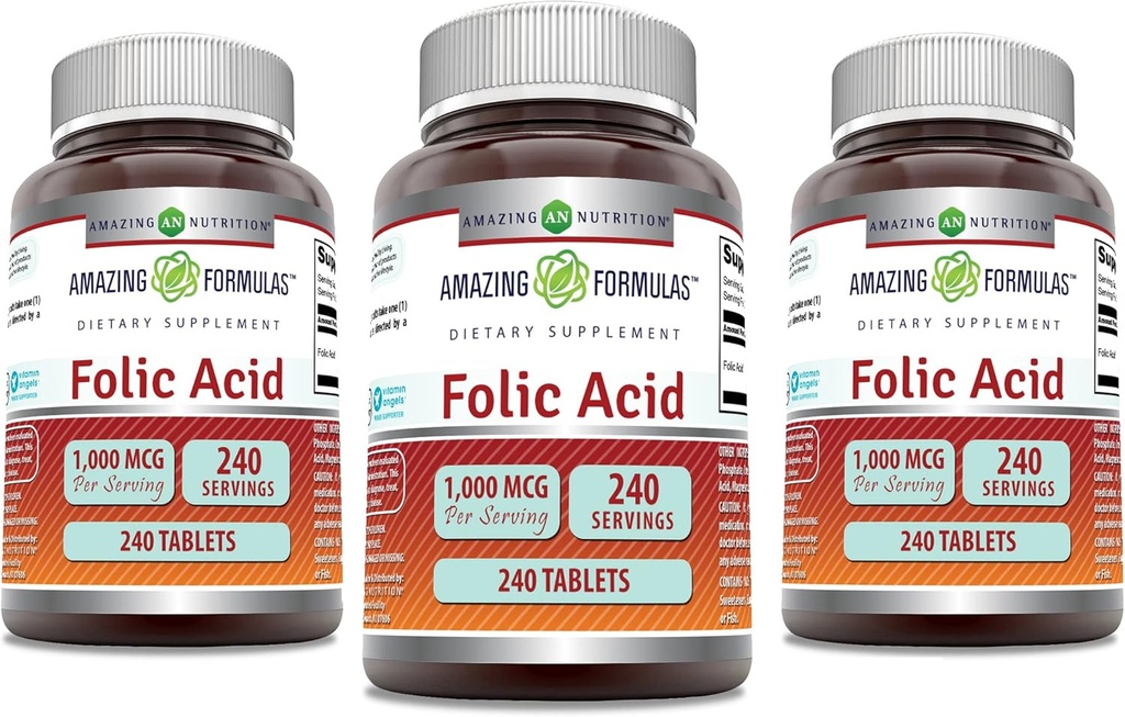 Fantastiska formler Folsyra 1000 mcg (1 mg) tabletter Supplement | Vitamin B9 | Icke-GMO | Gluten Free | Gjord i USA (240 greve | 3 Pack)
