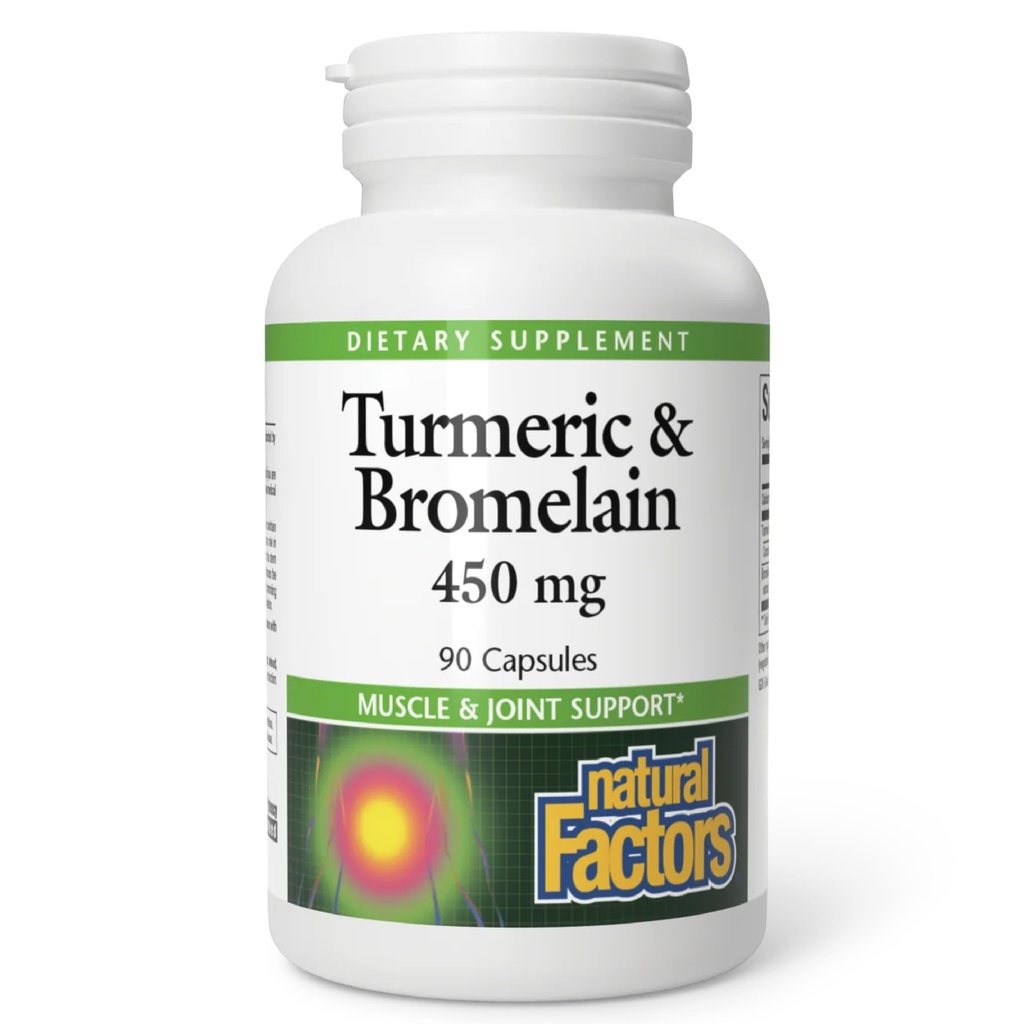 Naturliga faktorer, gurkmeja & Bromelain 450 mg, muskel och gemensamt stöd, 90 kapslar