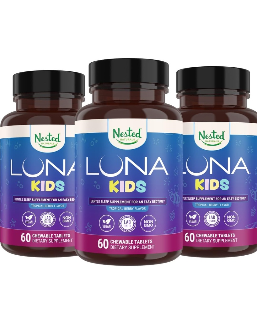 Nested Naturals Luna Kids Sleep Supplement - för barn och melatonin känsliga vuxna - Gentle Herbal Supplement med Chamomile, Melatonin, & Valerian - 180 Tabletter (60 per flaska)