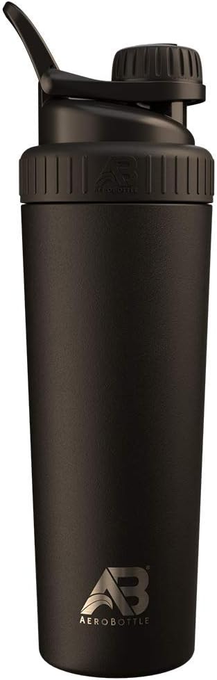 AeroBottle Cryo Shaker Cup, isolerad rostfritt stål vattenflaska och protein shaker, blandar protein och pre träning med turbulent blandning teknik, ingen blandning boll eller Wisk, 26oz, svart is