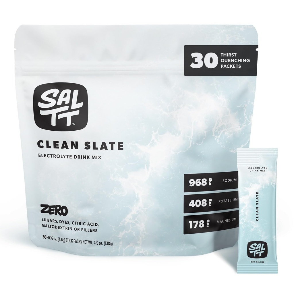 SALTT Electrolytes Powder Unflavored Drink Mix - Clean Slate - 30 Hydration Packets - Magnesium, kalium, natrium, spårmineraler - Zero Sugar & Gluten Free - Travel Essentials