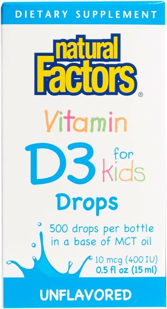Naturliga faktorer, vitamin D3 Drops 400 IE (10 mcg) för barn, stöder starka ben och immunfunktion, 0,5 fl oz, 0,5 Oz