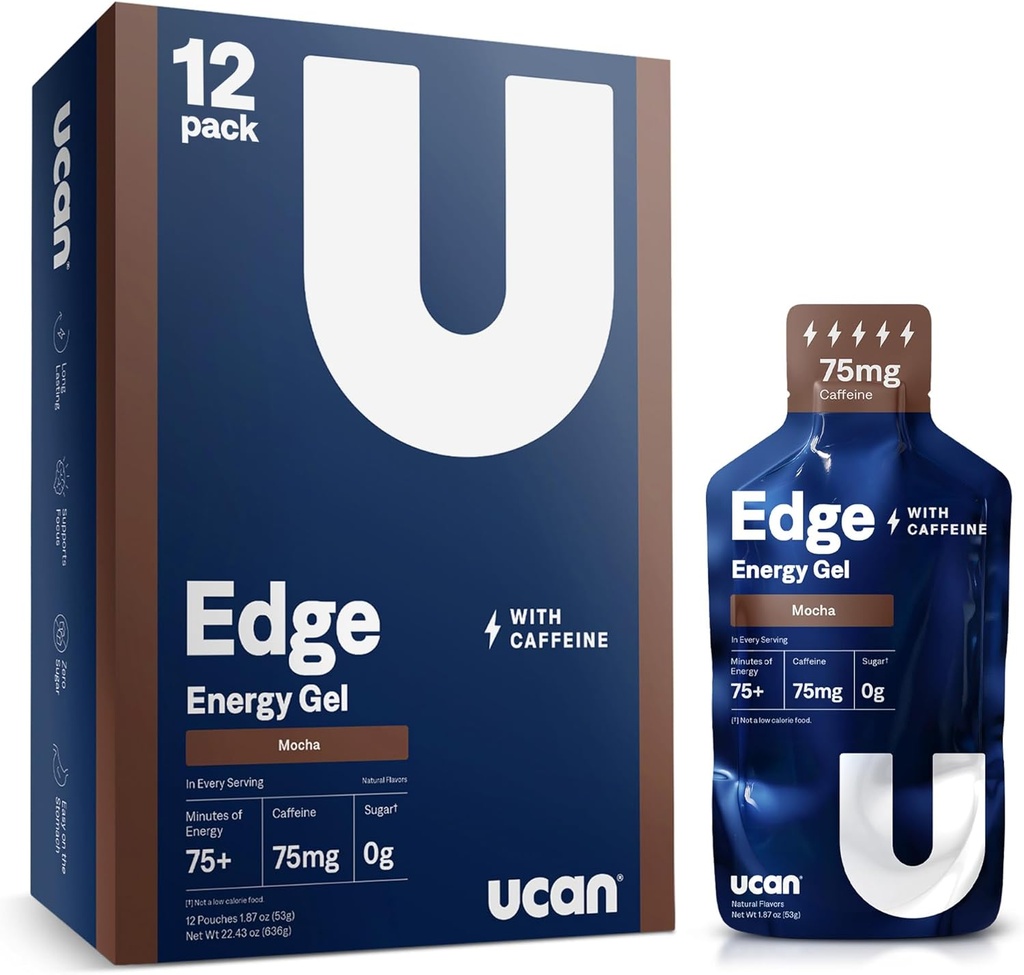 UCAN Edge Energy Gel Shots, Mocha + Caffeine (12, 2 Ounce Packets) för körning, träning, träning, träning, fitness, cykling, Crossfit | Sugar-Free, Vegan och Keto Friendly Energy