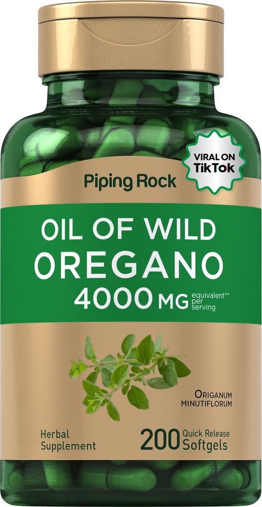 Piping Rock Oregano Oil Softgel Capsules 4000mg | 200 piller | Herbal Extract Supplement | Wild Harvested | Non-GMO, Gluten Free